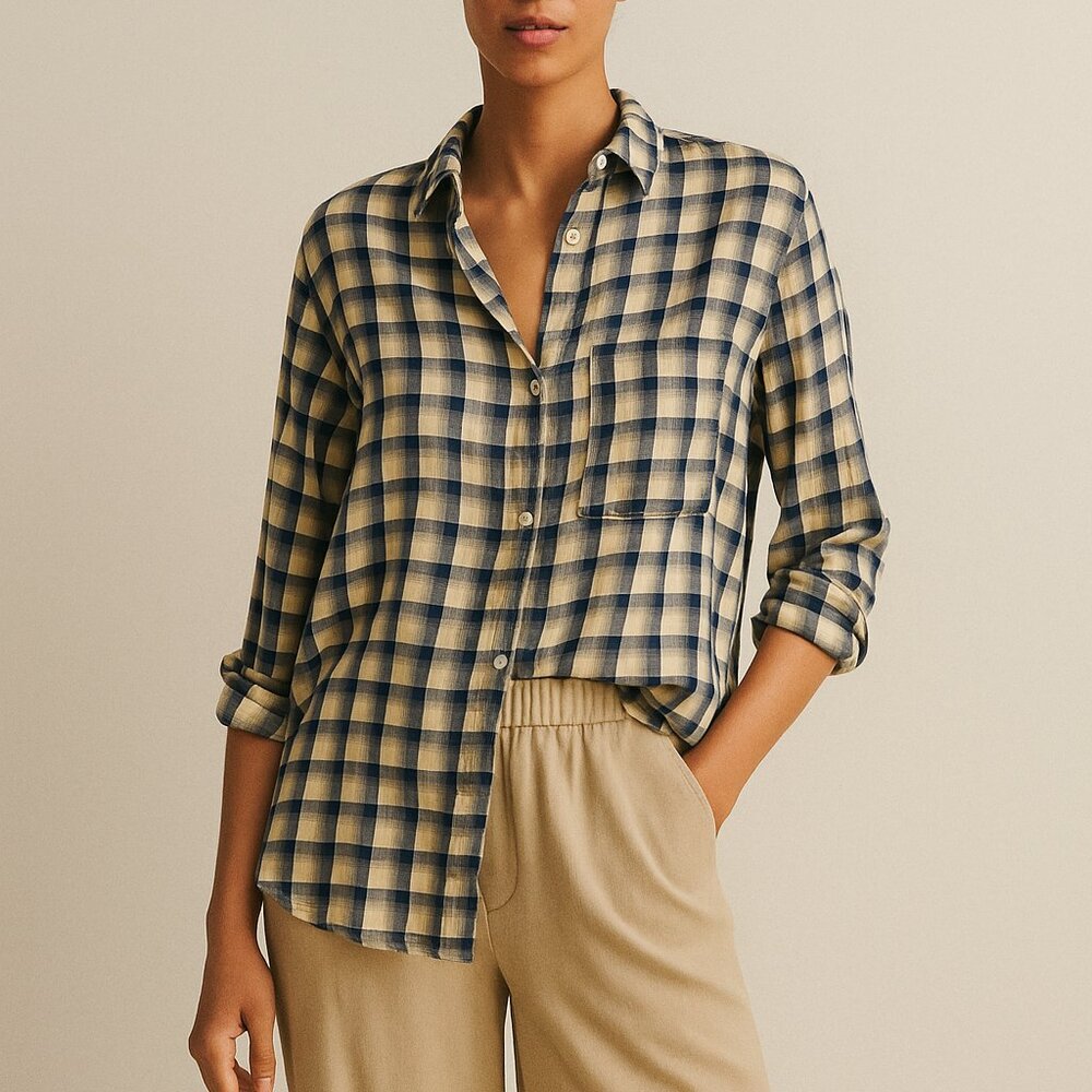 100% Cotton Plaid Button Down Shirt Small S Minimalist Gorpcore
